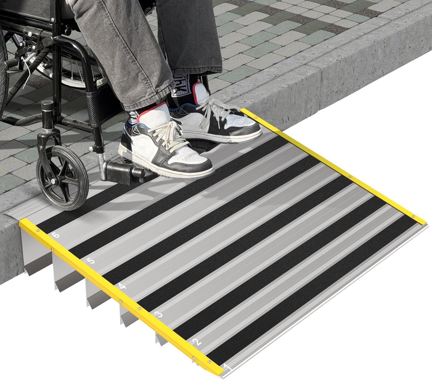 6" Rise Door Threshold Ramps for Doorways, Stable Yellow Edge, Aluminum Wheelchair Ramp for Home Steps, Adjustable Modular Entry Ramp for Scooters, Power Chairs, 880LBS Load Capacity