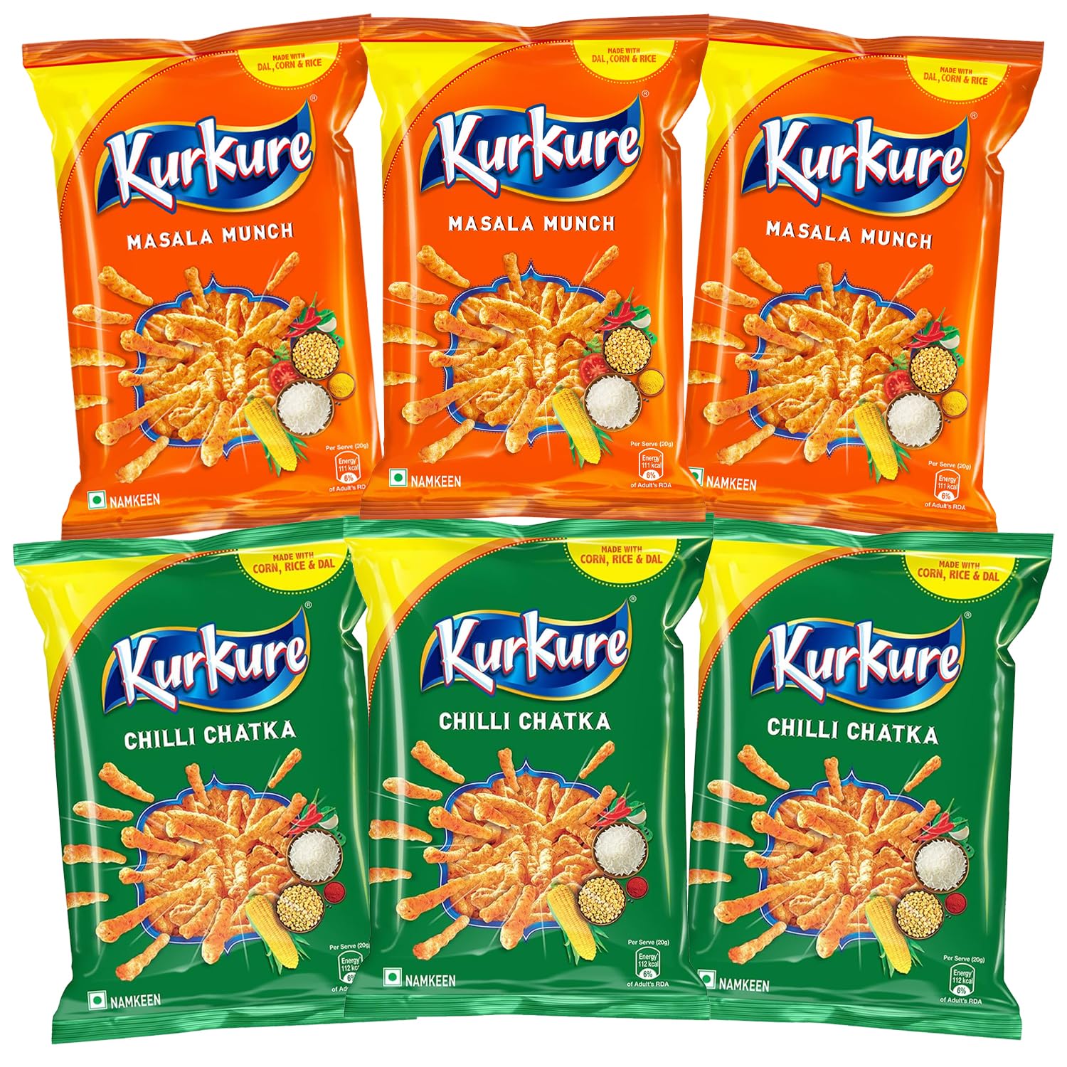 BENGAL BOX KurKure Masala Munch 3 Packs + Chilli Chataka 3 Packs/Total 6 Packs, Indian Snacks