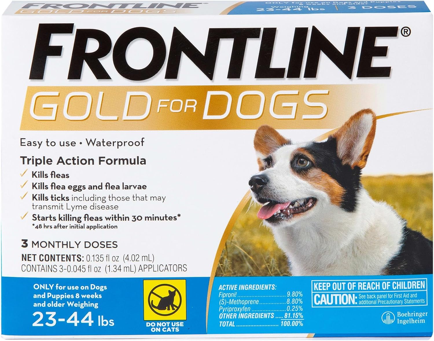 Frontline Gold Flea & Tick Treatment for Medium Dogs Up to 23 to 44 lbs., Pack of 3