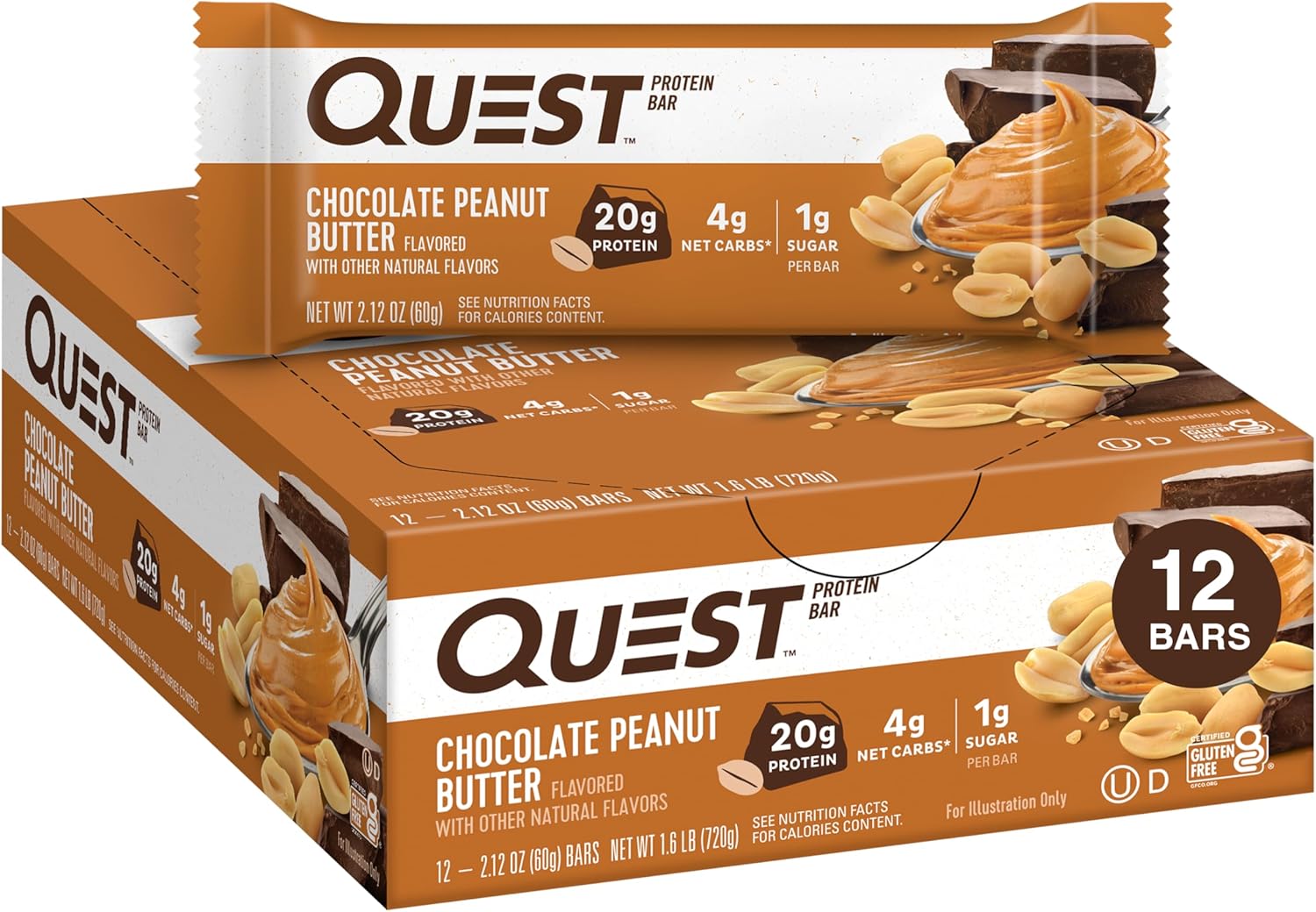 Quest Nutrition Chocolate Peanut Butter Bars, 20g Protein, 1g Sugar, 5g Net Carb, Gluten Free, Keto Friendly, 12 Count