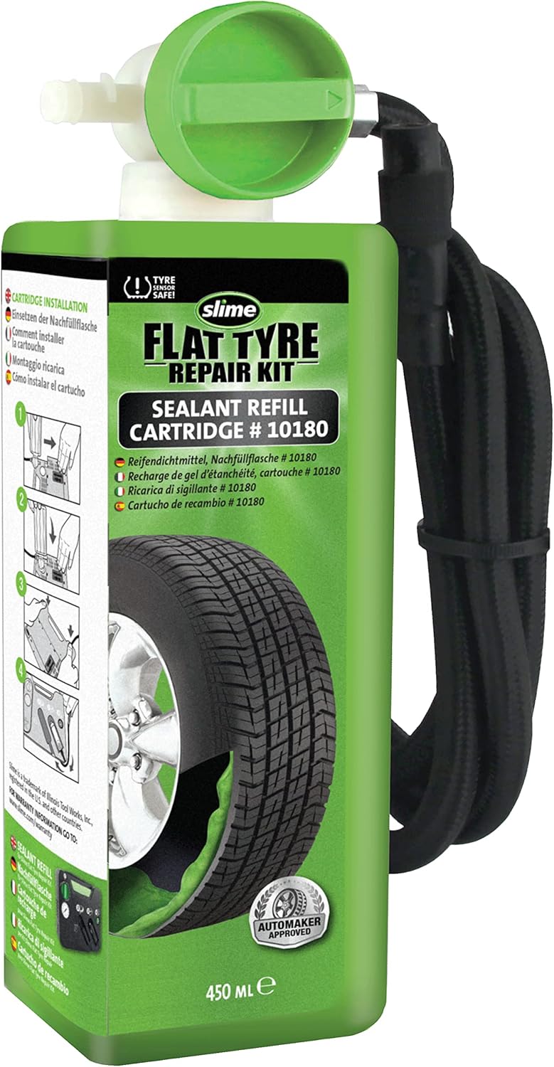 Slime 10180 Flat Tyre Puncture Repair Kit Refill, Emergency Kit for Car Tyres, Sealant Replacement, Suitable for Cars and Other Highway Vehicles, 10 Min Fix