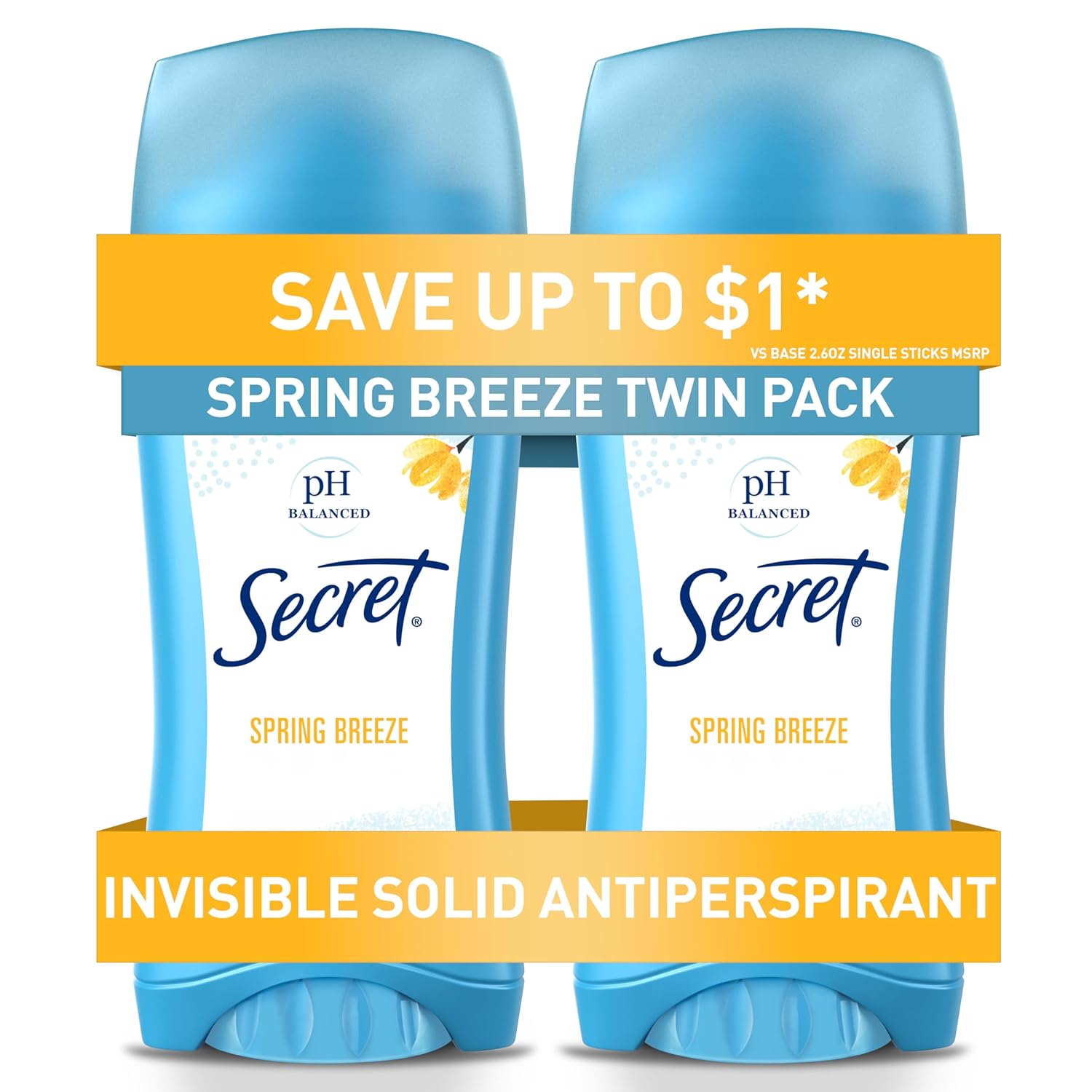 Secret Antiperspirant and Deodorant for Women, 24hr Sweat & Odor Protection, PH Balanced Protection, Gentle on Skin, Invisible Solid, Spring Breeze Scent, 2.6 oz (Pack of 2)