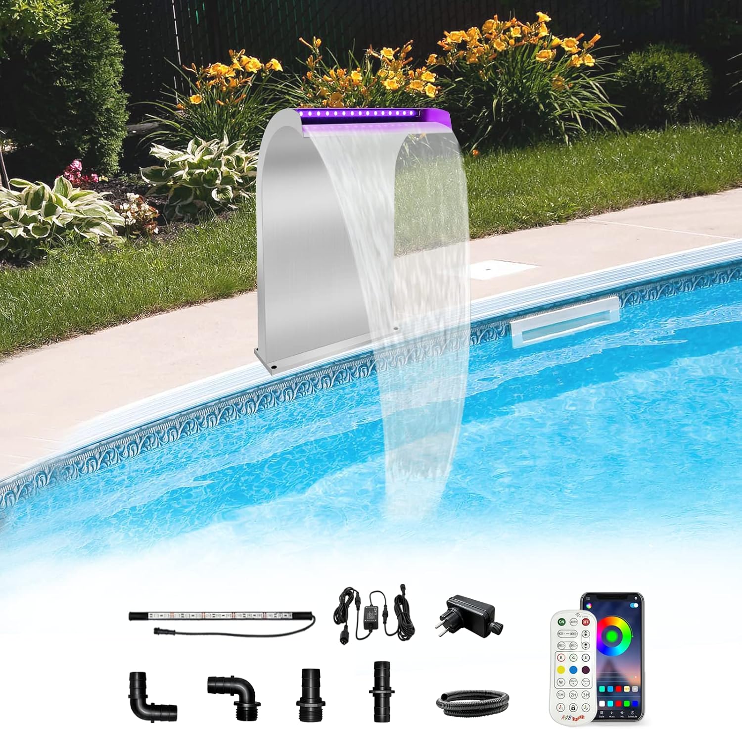 LONGRUN Waterfall Spillway Stainless Steel S-Shaped Pool Fountain, RF & APP Controlled Colorful LED Light Pond Waterfalls for Indoor Outdoor Garden Koi Pond Swimming Pools-51cm Height