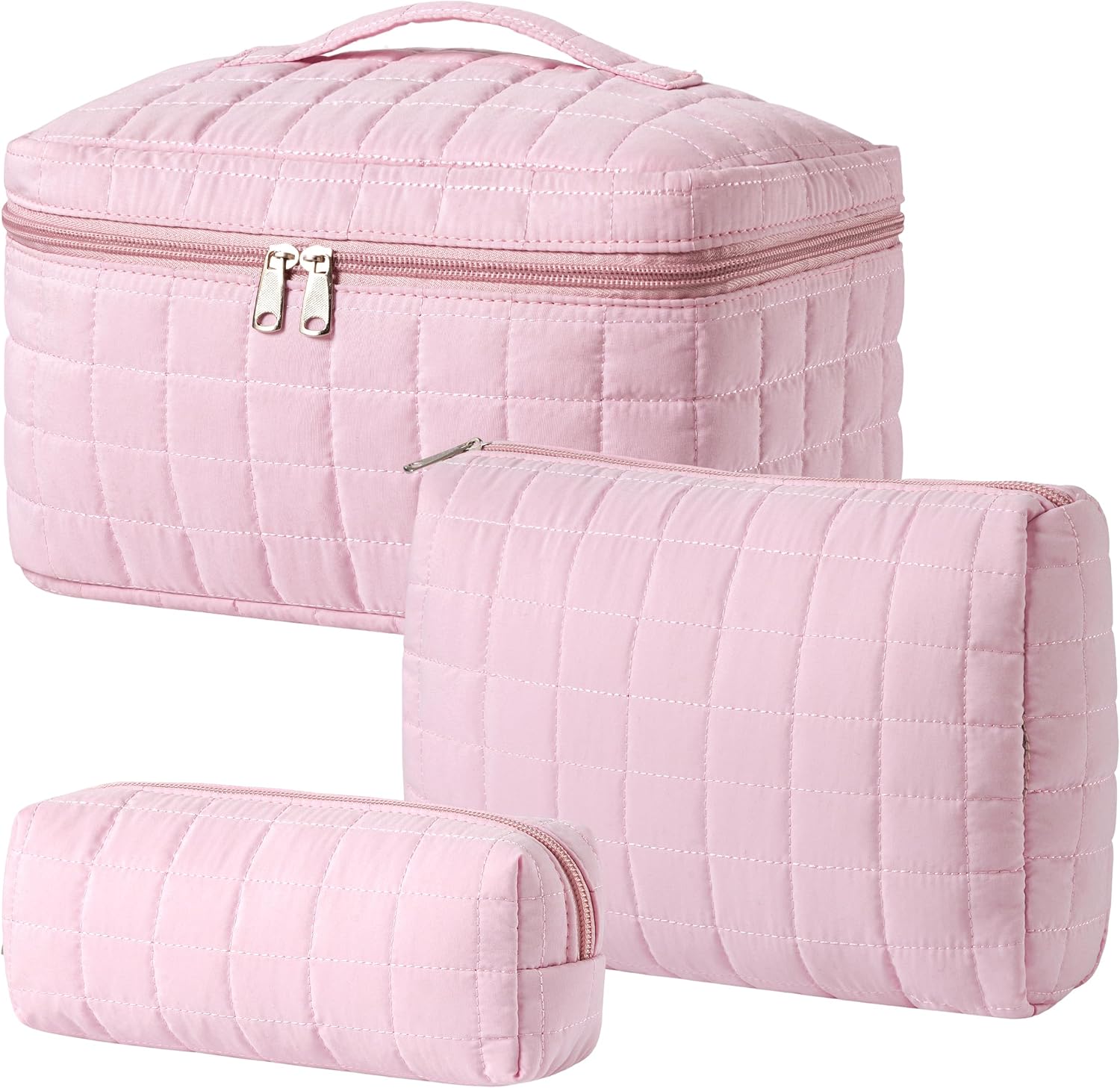 HBselect Quilted Makeup Bag, 3Pcs Cotton Large Travel Makeup Bags Organizer
