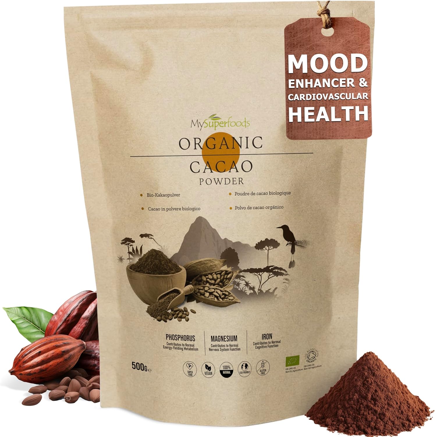 Organic Cacao/Cocoa Powder 500g | Pure & Unsweetened | Mood Enhancer & Cardiovascular Health | Natural Source of Magnesium | Perfect for Smoothies, Baking & Hot Chocolate | Non-Alkalised, Vegan