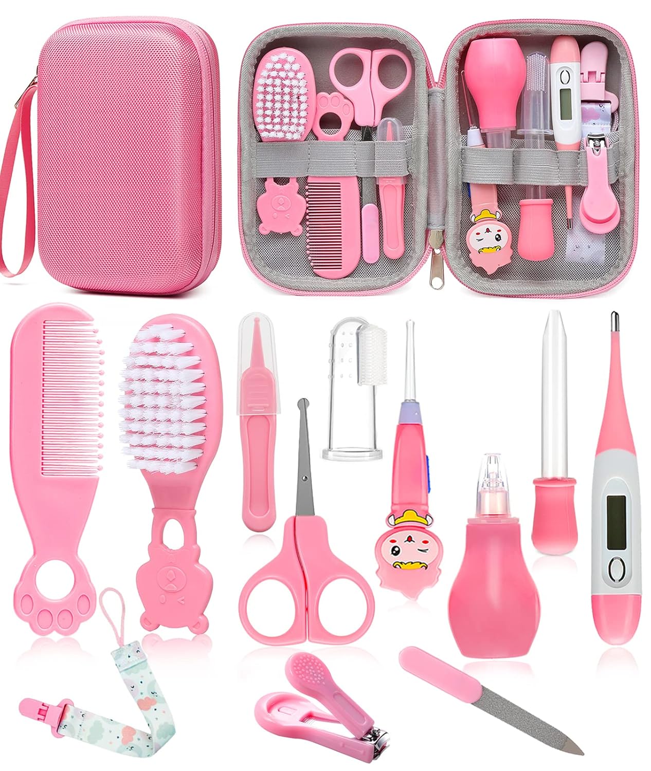 Baby Healthcare and Grooming Kit, Safety Newborn Nursery Baby Care Kit, with Hair Brush Comb, Nail Clipper, Thermometer, Pacifier Clip, Baby Registry Search, Newborn Essentials Girls Boys (Pink)