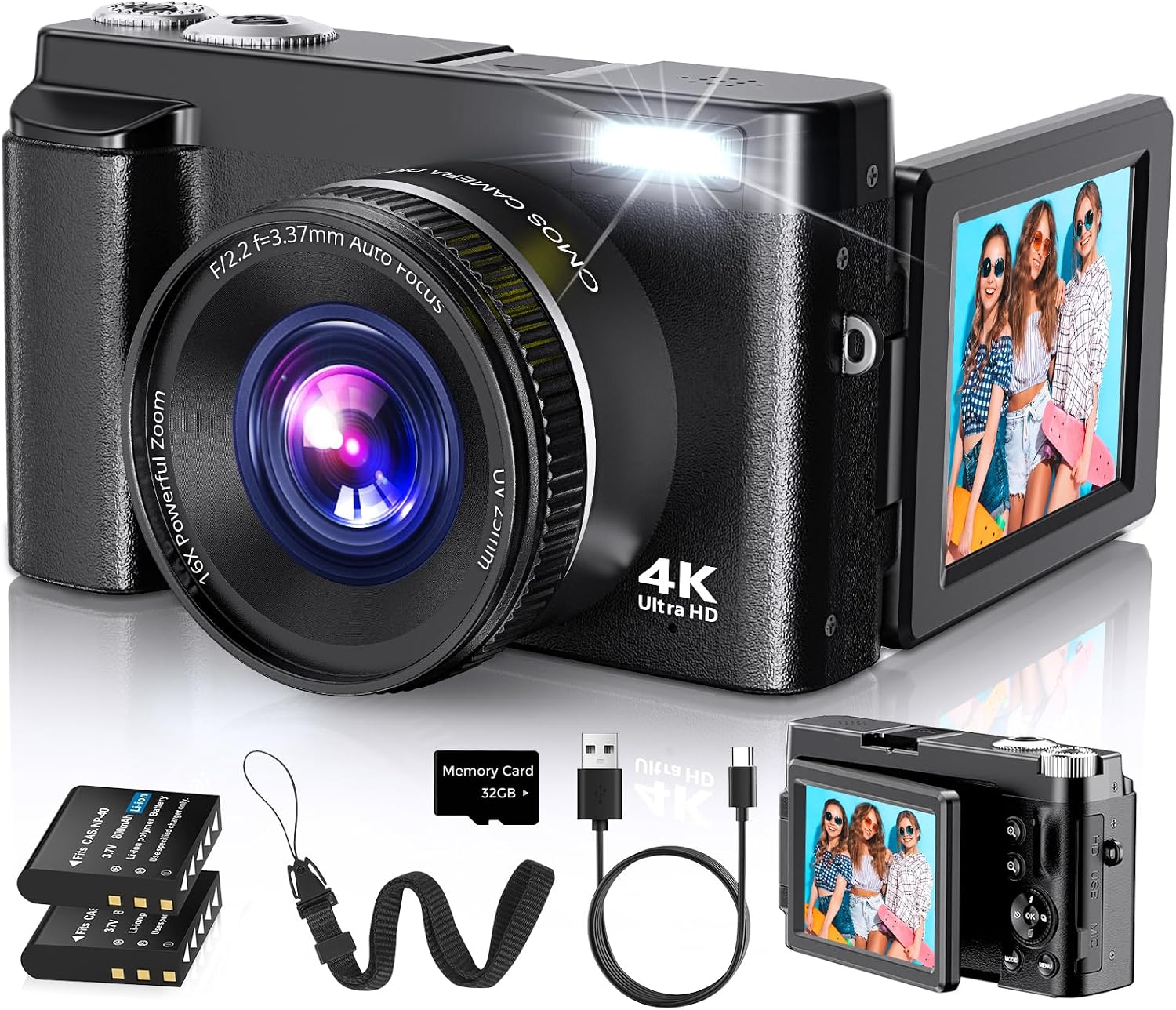 Duluvulu 4K Digital Camera for Photography Autofocus, 2026 Latest 48MP Vlogging Camera for YouTube with SD Card, 2 Batteries, 3" 180°Flip Screen Compact Travel Camera for Teens with 16X Zoom,Black