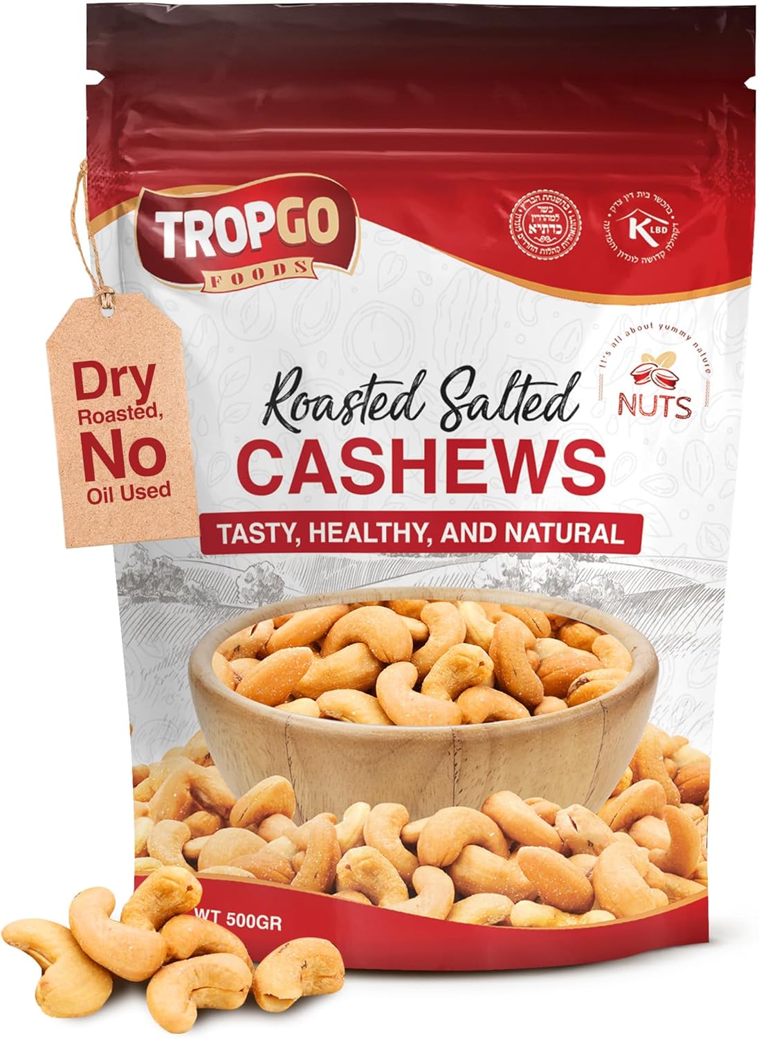 Tropgo Roasted Cashew Nuts 500g - Dry Roasted, No Oil Used, Packed Fresh, Lightly Salted Cashews with Fibre, Protein and Minerals, Perfect for Snacking - Kosher Approved Cashews - Bulk Buy Nuts
