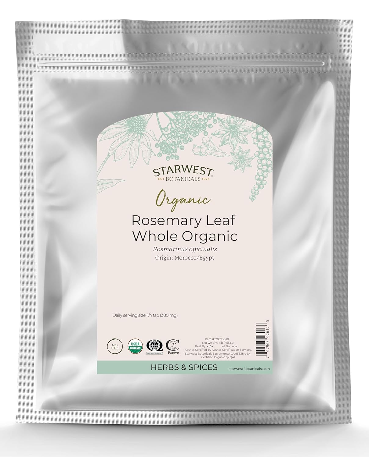 Starwest Botanicals Organic Rosemary Leaf Whole, 1 Pound Bag