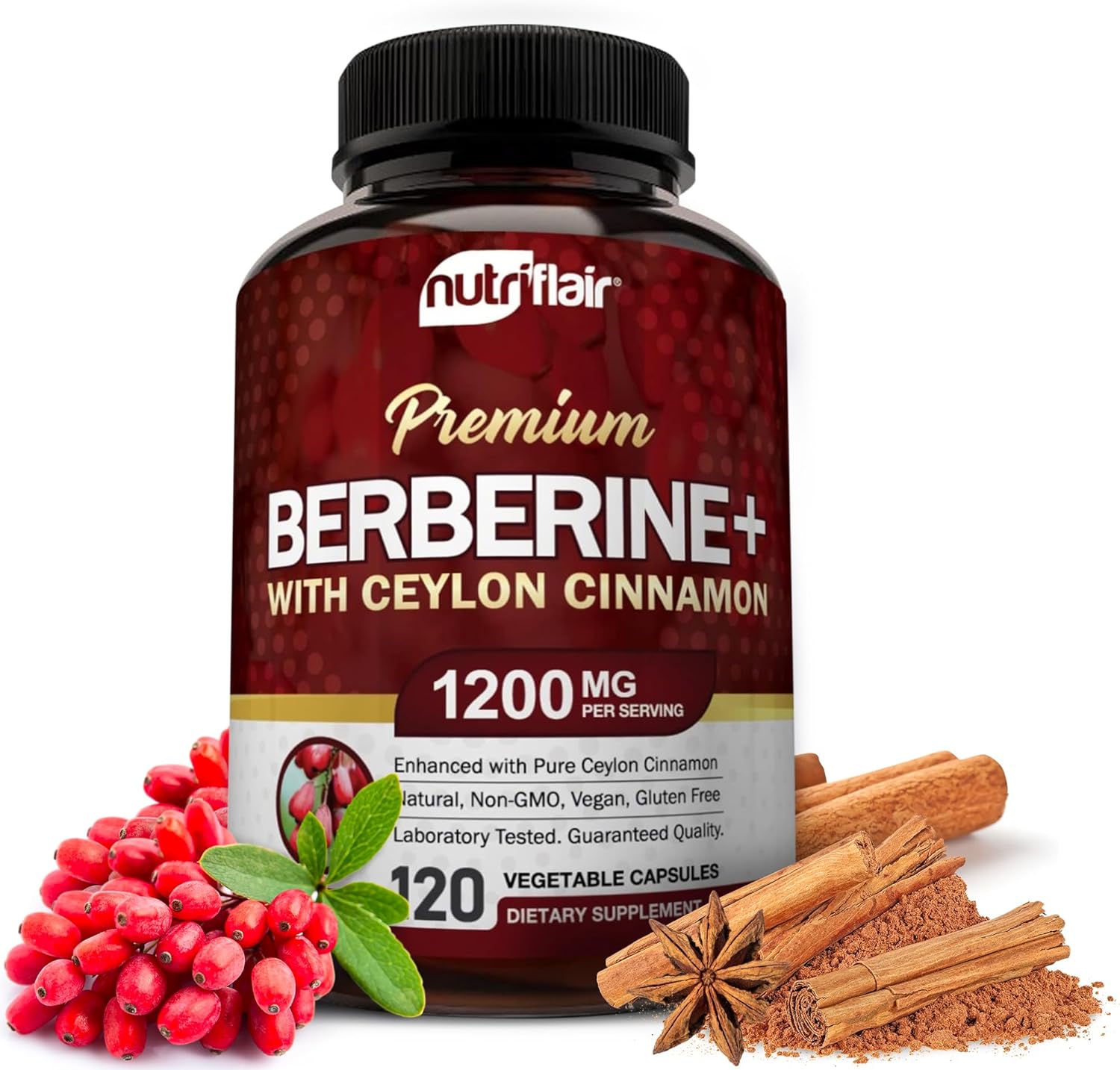 NutriFlair Premium Berberine HCL 1200mg, 120 Capsules - Plus Pure True Ceylon Cinnamon, Berberine HCI Root Supplements Pills - Immune System - yields an Optimal 8% Berberine