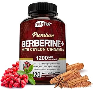 NutriFlair Premium Berberine HCL 1200mg, 120 Capsules - Plus Pure True Ceylon Cinnamon, Berberine HCI Root Supplements Pills - Immune System - yields an Optimal 8% Berberine