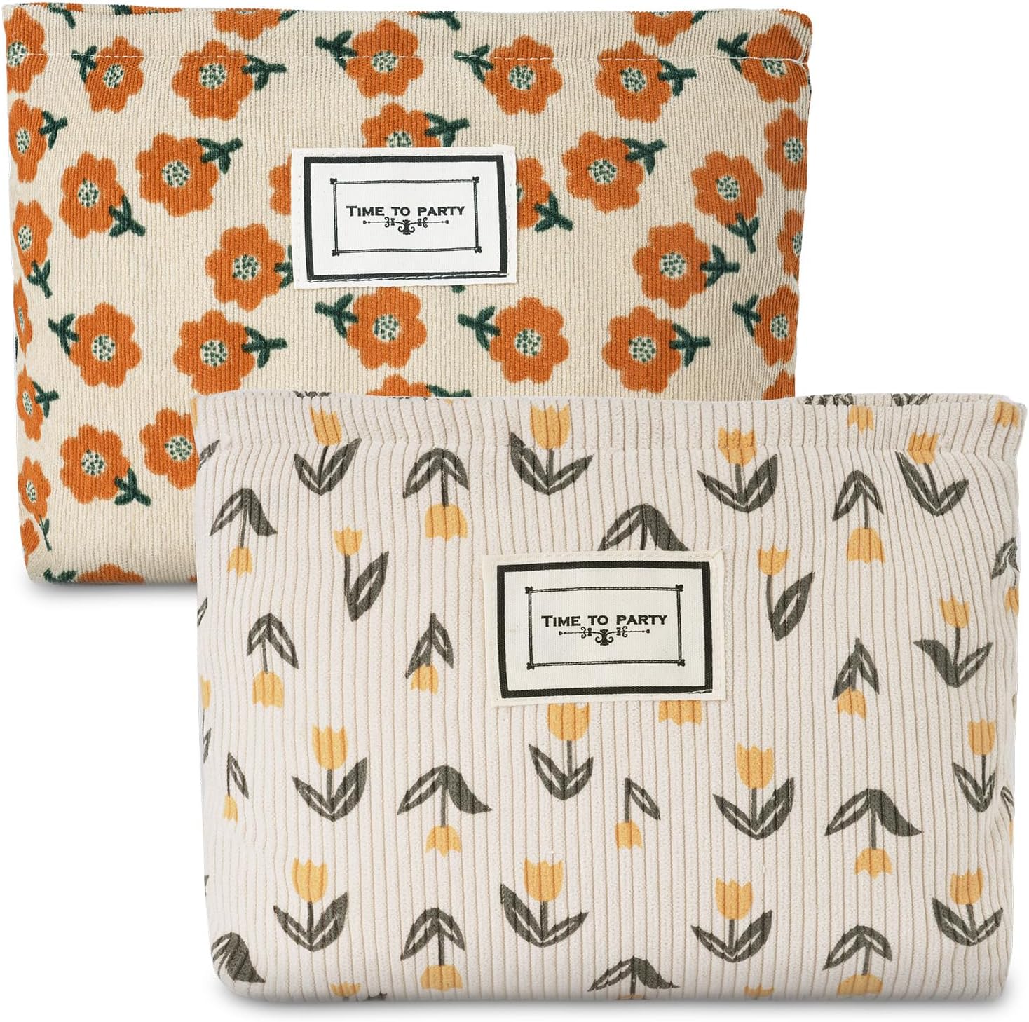 Aucuu Cosmetic Bags, 2 Pcs Small Floral Canvas Cosmetic Bag, Rose Flower Printing Corduroy Toiletry Bag, Multifunctional Travel Makeup Bag with Metal Zipper for Women Girls Gift