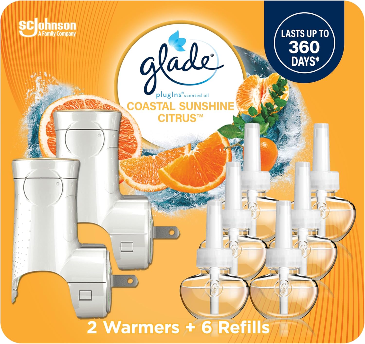 Glade PlugIns Refills Air Freshener Starter Kit, Scented and Essential Oils for Home and Bathroom, Coastal Sunshine Citrus, 4.02 Fl Oz, 2 Warmers + 6 Refills