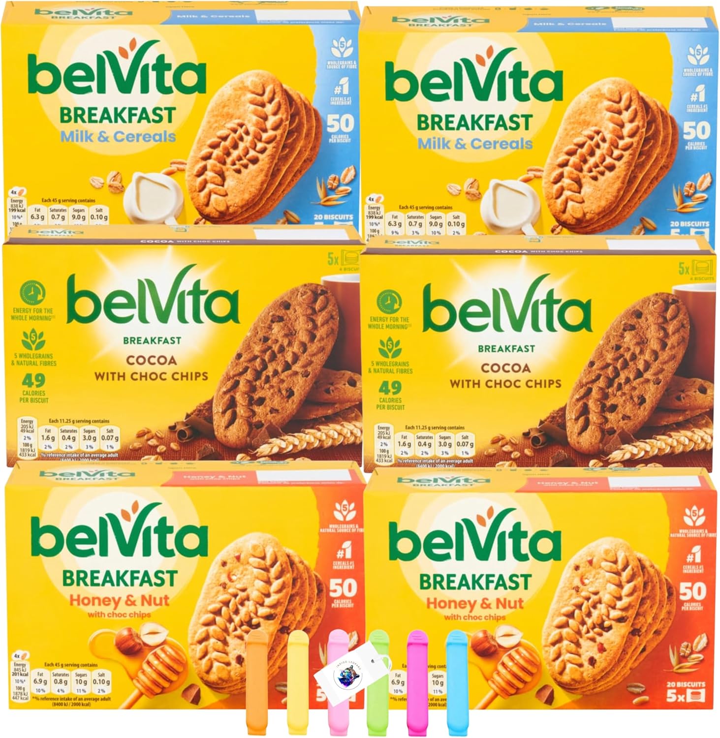Belvita Breakfast Biscuits Bundle with Indigo Leopard Gifts Sealing Clips Contains Milk & Cereals, Cocoa & Choc Chip, Honey & Nut x120 Biscuits Total