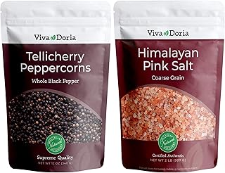 Viva Doria Tellicherry Whole Black Peppercorns, 12 oz + Himalayan Pink Salt, Coarse Grain, 2 lb | Salt and Pepper Grinder Refills, 2 Piece Combo