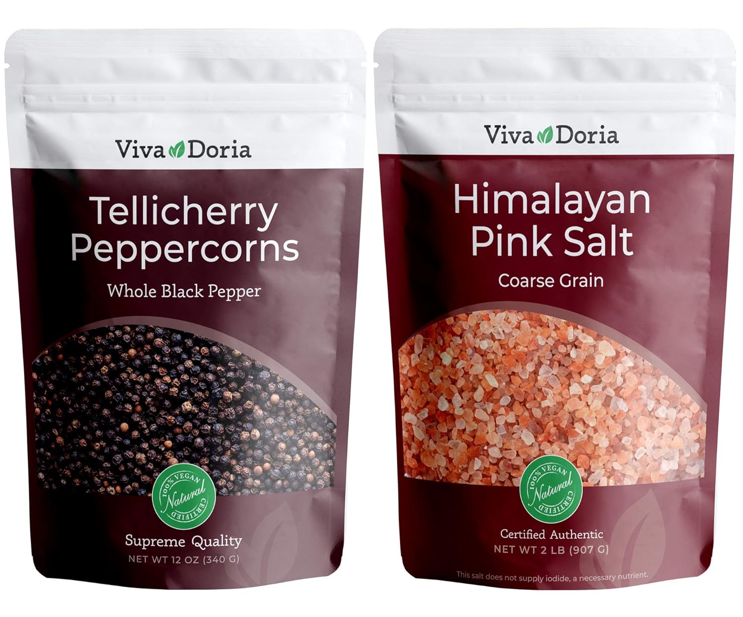Viva Doria Tellicherry Whole Black Peppercorns, 12 oz + Himalayan Pink Salt, Coarse Grain, 2 lb | Salt and Pepper Grinder Refills, 2 Piece Combo