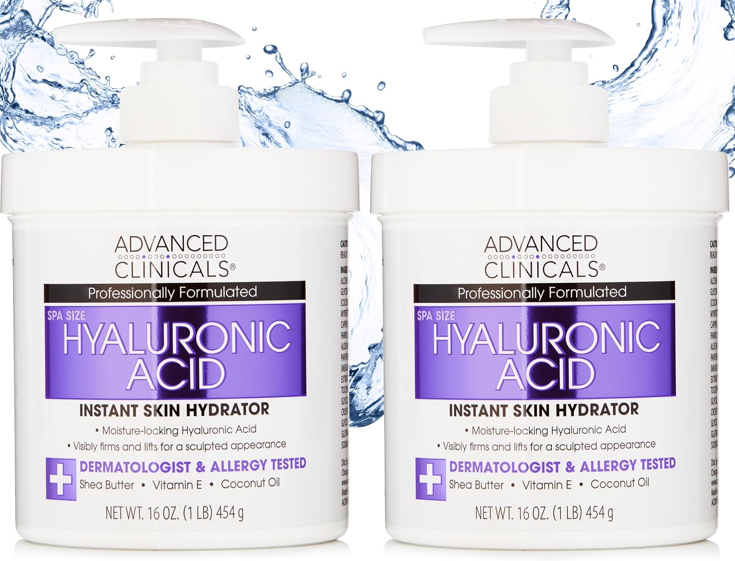 Advanced Clinicals Anti-aging Hyaluronic Acid Cream for face, body, hands. Instant hydration for skin, spa size. (Two - 16oz)