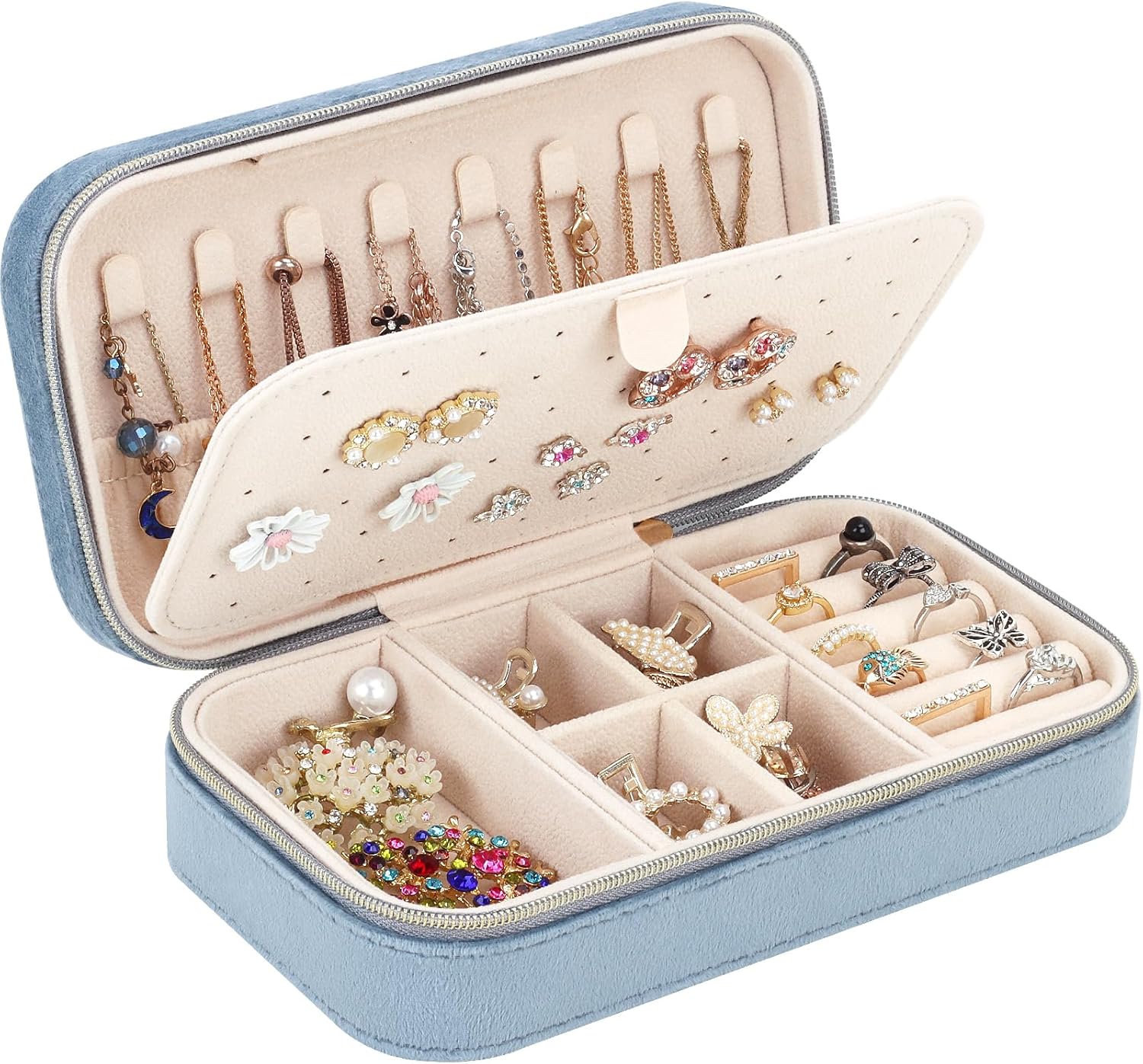 Jewellery Box Organiser, Mini Velvet Travel Jewelry Case with Zipper for Rings Earrings Necklace Bracelets, Small Portable Travel Jewellery Organiser Storage Case for Girls Women, Blue