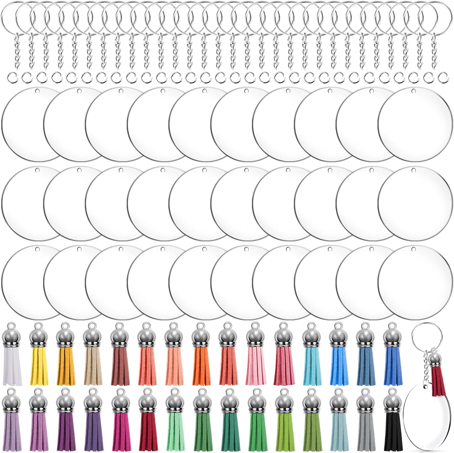 Duufin Acrylic Blanks Keychain Tassels Set 3 Inch Round Clear Arylic Keychain Blanks Key Rings with Chain Jump Rings and Colorful Keychain Tassels for DIY and Craft