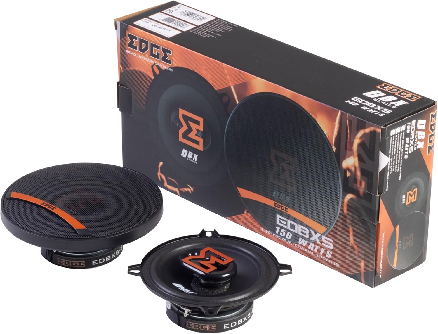 EDGE EDBX5 5.25” inch (13cm) 3 way Coaxial speaker - 75/150 W, Black and Orange. Includes Grilles, Sold in Pairs