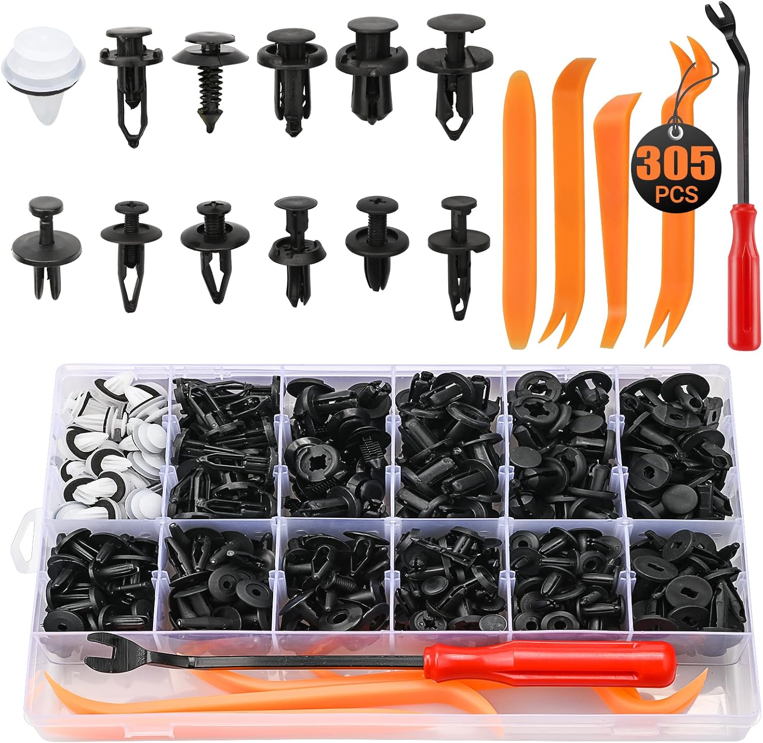 Preciva 305pcs Car Trim Clips Set, 300pcs Car Fixing Clips& 5pcs Trim Removal Tools, 12 Types Plastic Rivets, Universal Auto Fence Panel Clips Wind Deflector Clips Car Fixing Clips Car Body Trim Clips