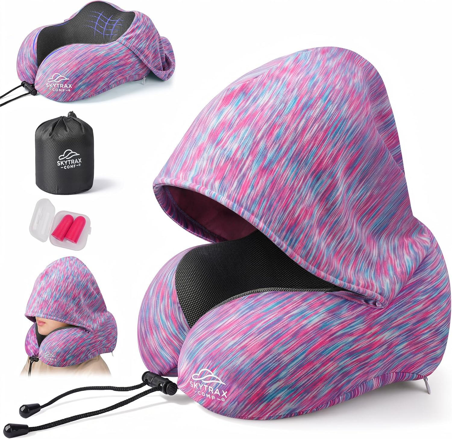 SkytraxComf® Travel Neck Pillow with Hood for Privacy on Long Flights