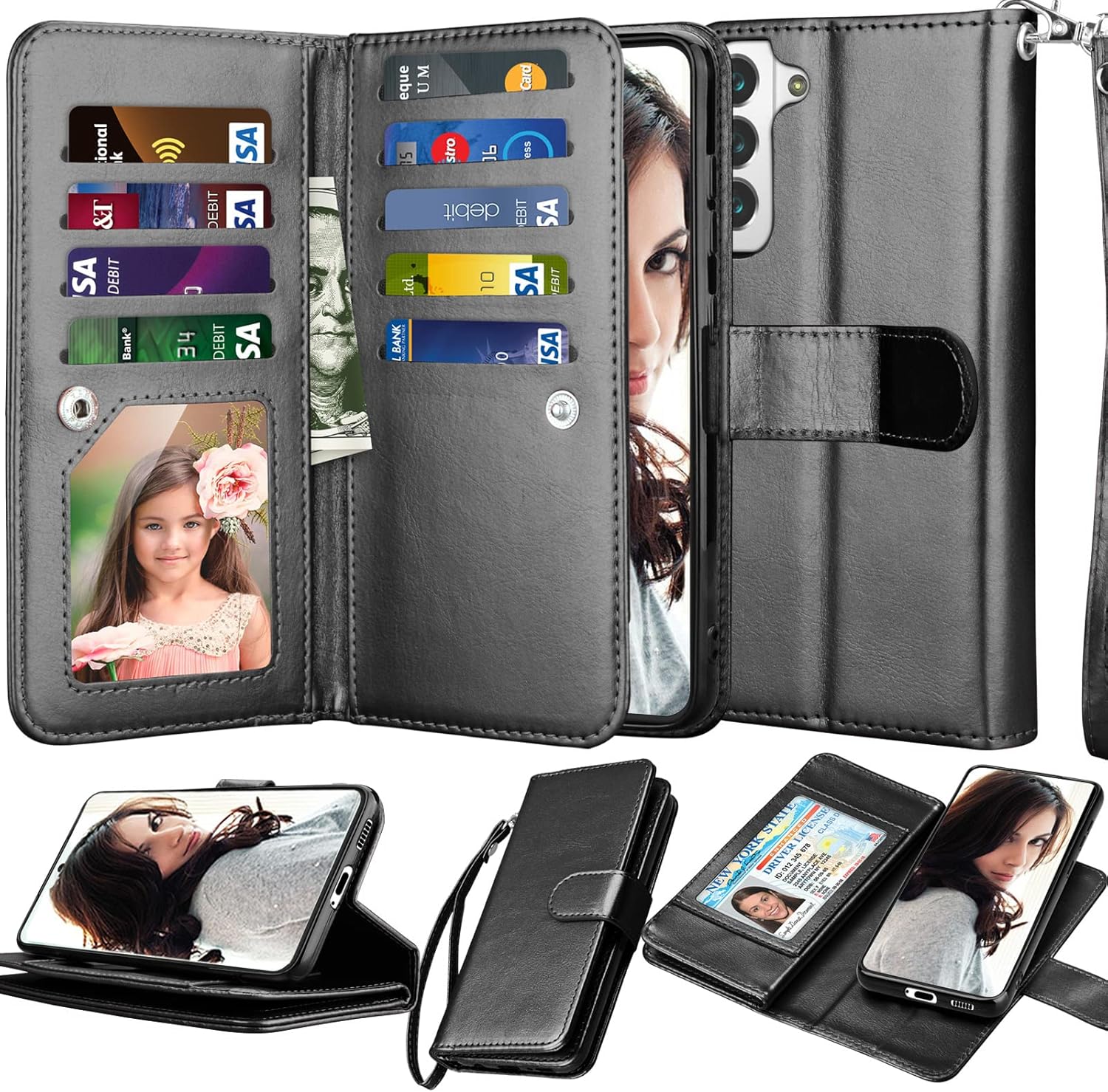 Njjex Galaxy S22 Plus Case, for Samsung Galaxy S22 Plus Wallet Case, [9 Card Slots] PU Leather Credit Holder Folio Flip [Detachable] Kickstand Magnetic Phone Cover & Lanyard for Samsung S22+ [Black]