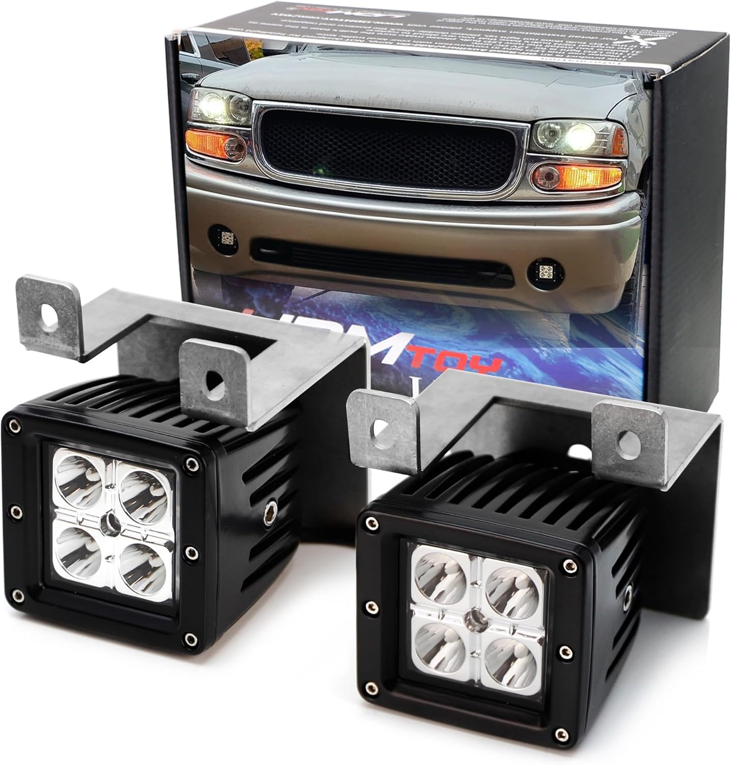 iJDMTOY 3-Inch LED Pod Fog Light Kit Compatible With GMC 2001-06 Yukon Denali, 2002-06 Sierra 1500 Denali, 20W High Power LED Cubes, Lower Bumper Mounting Brackets & Wiring/Adapter Harnesses