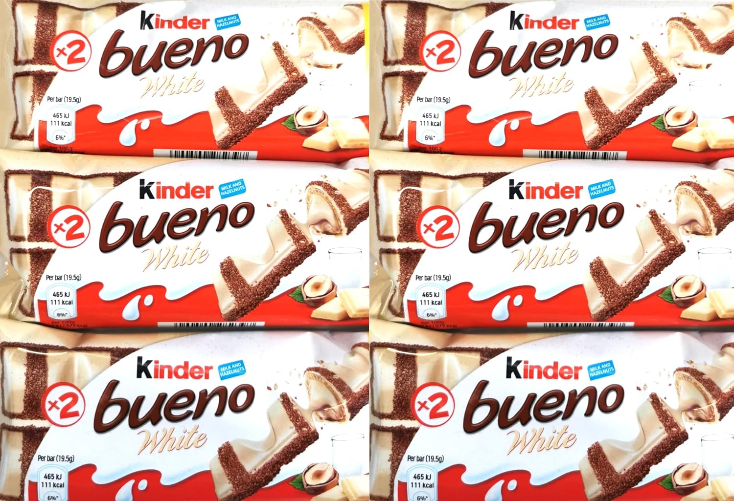 6 Pack - Kinder Bueno White Chocolate Bars (6 x 39g) - White Chocolate Covered Wafer with Smooth Milky and Creamy Hazelnut Filling for Easter, Birthday, All Ocassion Giftby Swiss+