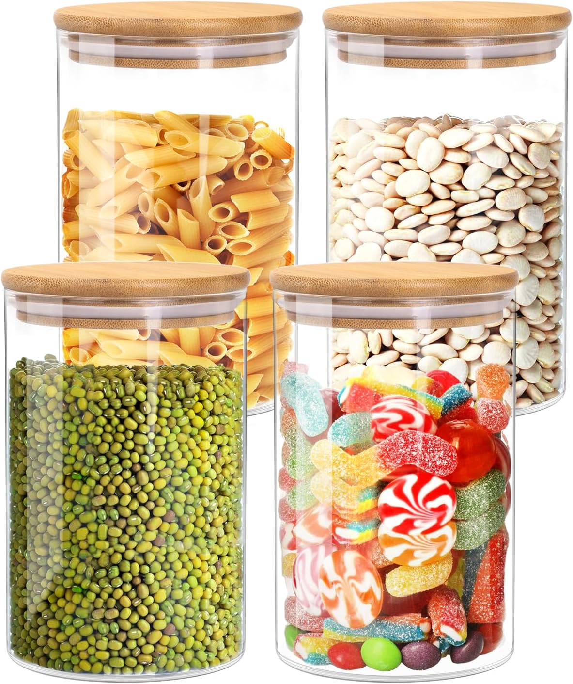Glass Jars with Bamboo Lids, 37oz 4 Pack Food Storage Canisters for Kitchen Pantry Organization, Clear Wide Mouth for Easy Access to Flour, Rice, Oats, Snacks