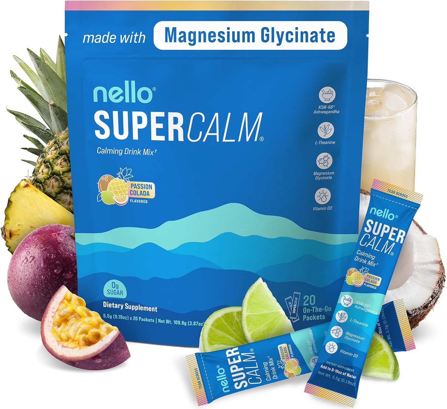 Supercalm Drink Mix - Ashwagandha KSM 66, Magnesium Glycinate & L-Theanine Supplement - Ashwagandha Root Extract - Focus and Relaxation Support (20 Travel Packets) - Passion Colada