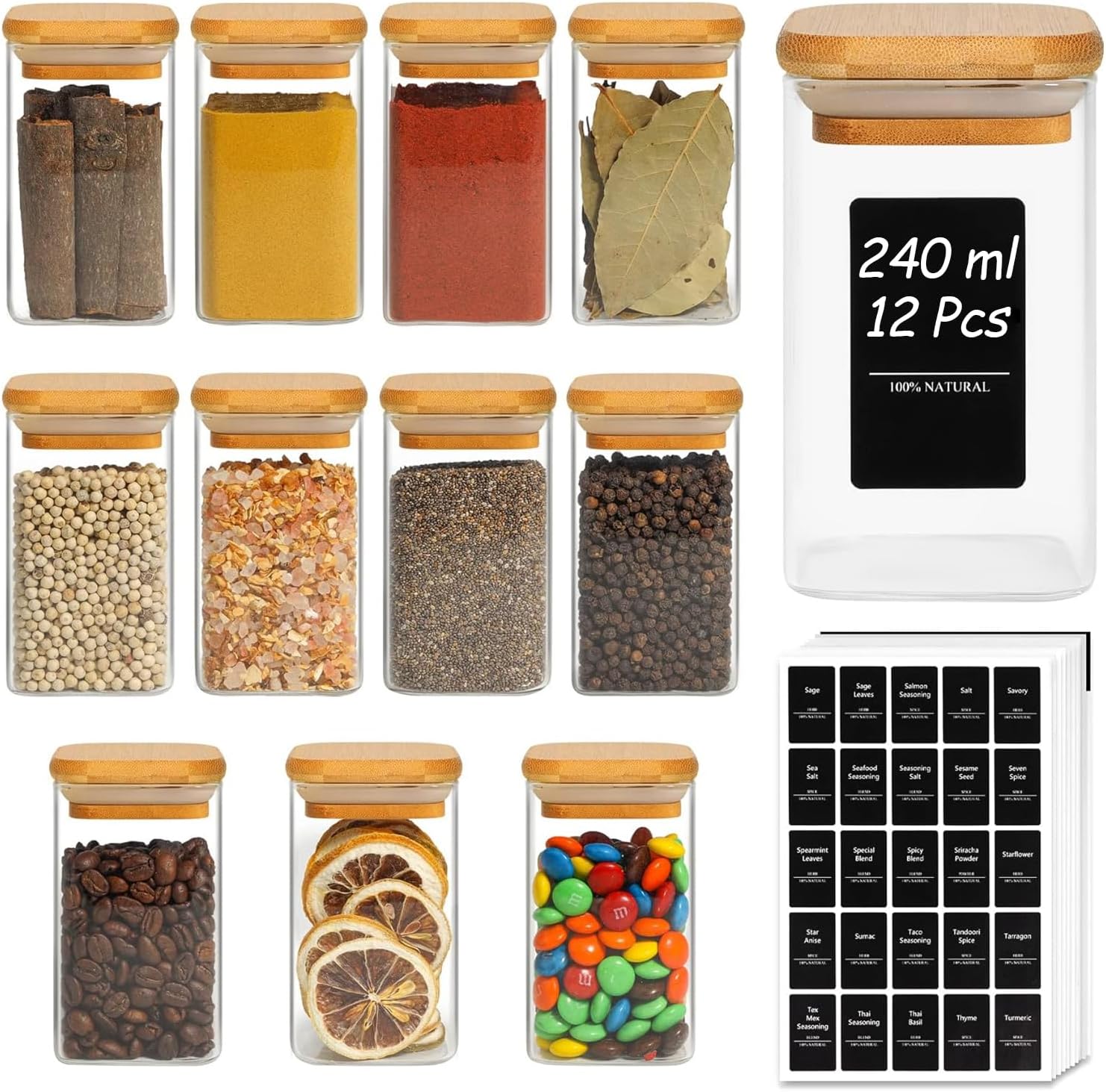 ComSaf 12 Pcs Glass Spice Jars with Bamboo Lids, 240ml Square Seasoning Jars with Black Lables, Airtight Spice Jars with Lids, Glass Storage Container for Spice, Salt, Sugar, Seeds, Nuts etc