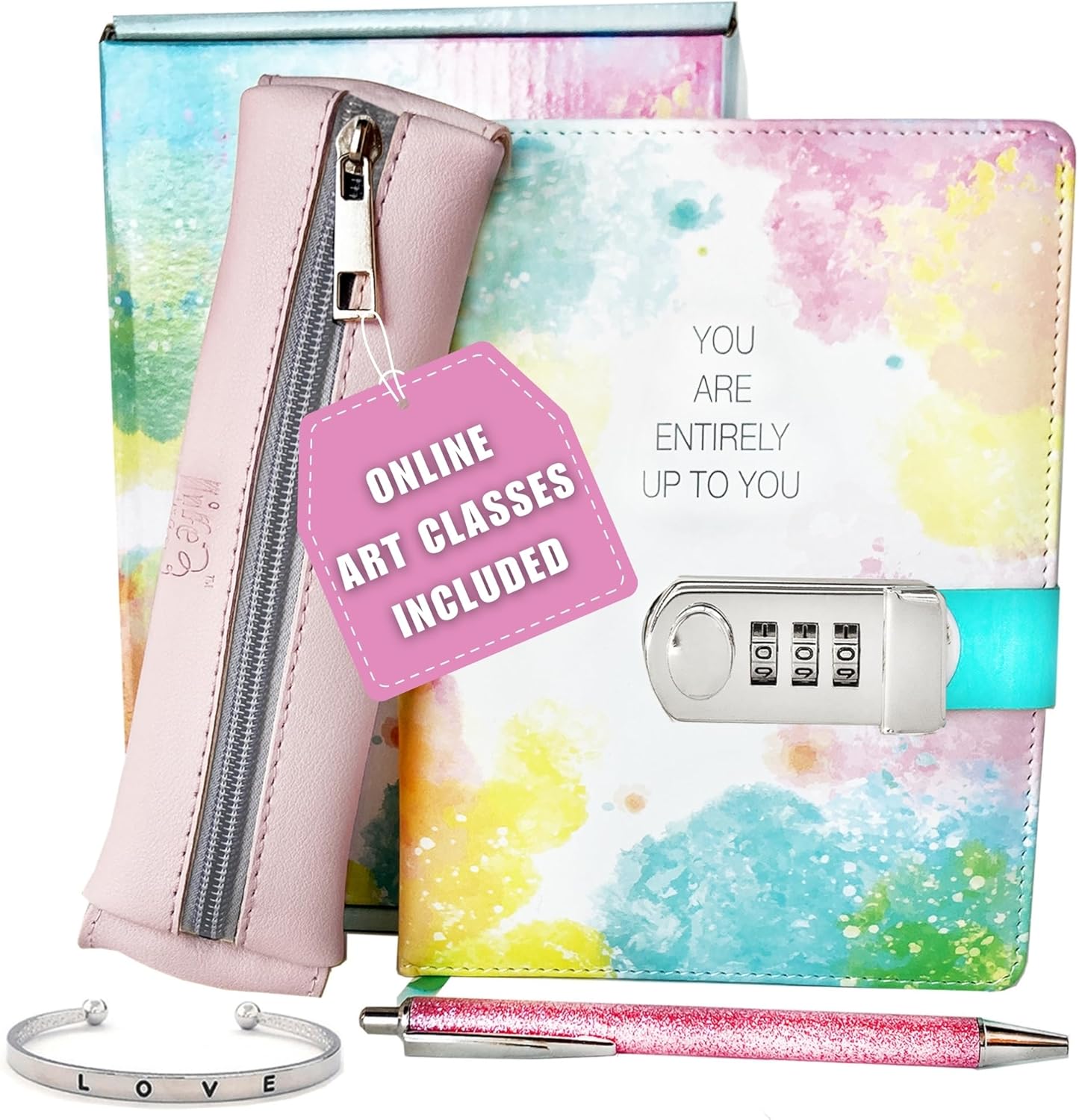 Life is a Doodle Diary with Lock For Girls- Girls Journal Gift Set Includes: Leather Notebook Journal with Lock, Travel Pencil Case, Love Cuff, Writing Pen - Trendy Journal For Teen Girls & Kids
