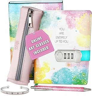 Life is a Doodle Diary with Lock For Girls- Girls Journal Gift Set Includes: Leather Notebook Journal with Lock, Travel Pencil Case, Love Cuff, Writing Pen - Trendy Journal For Teen Girls & Kids