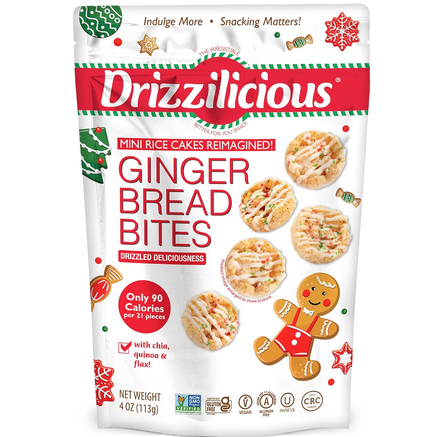 Drizzilicious Mini Flavored Rice Cakes Gingerbread - Rice Crisps, Healthy Snack for Adults and Kids, Vegan, Gluten Free Snack, Allergen Free, Only 90 Calories Per 21 Pieces - 4 oz (Pack of 2)