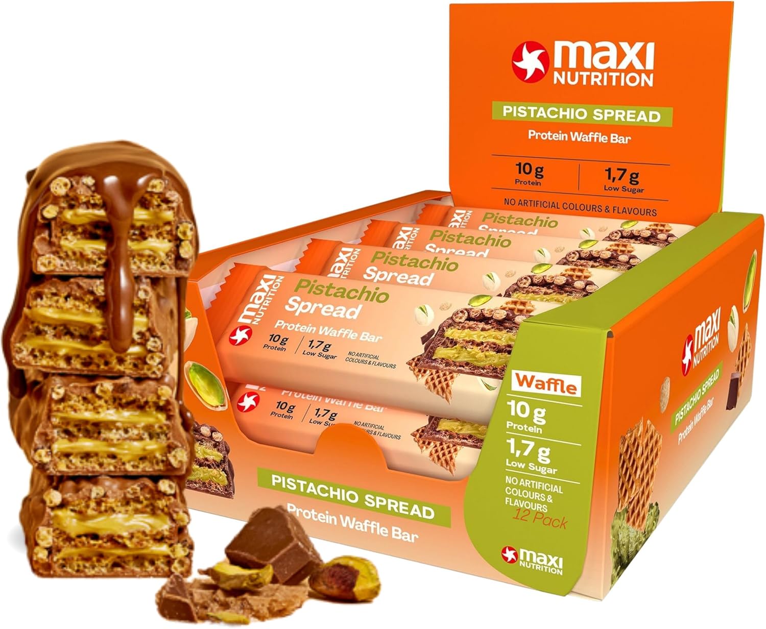 MaxiNutrition Pistachio Spread Protein Waffle Bar 12 x 39g bar, 10g protein, 199 kcal, 13g carbs per serving