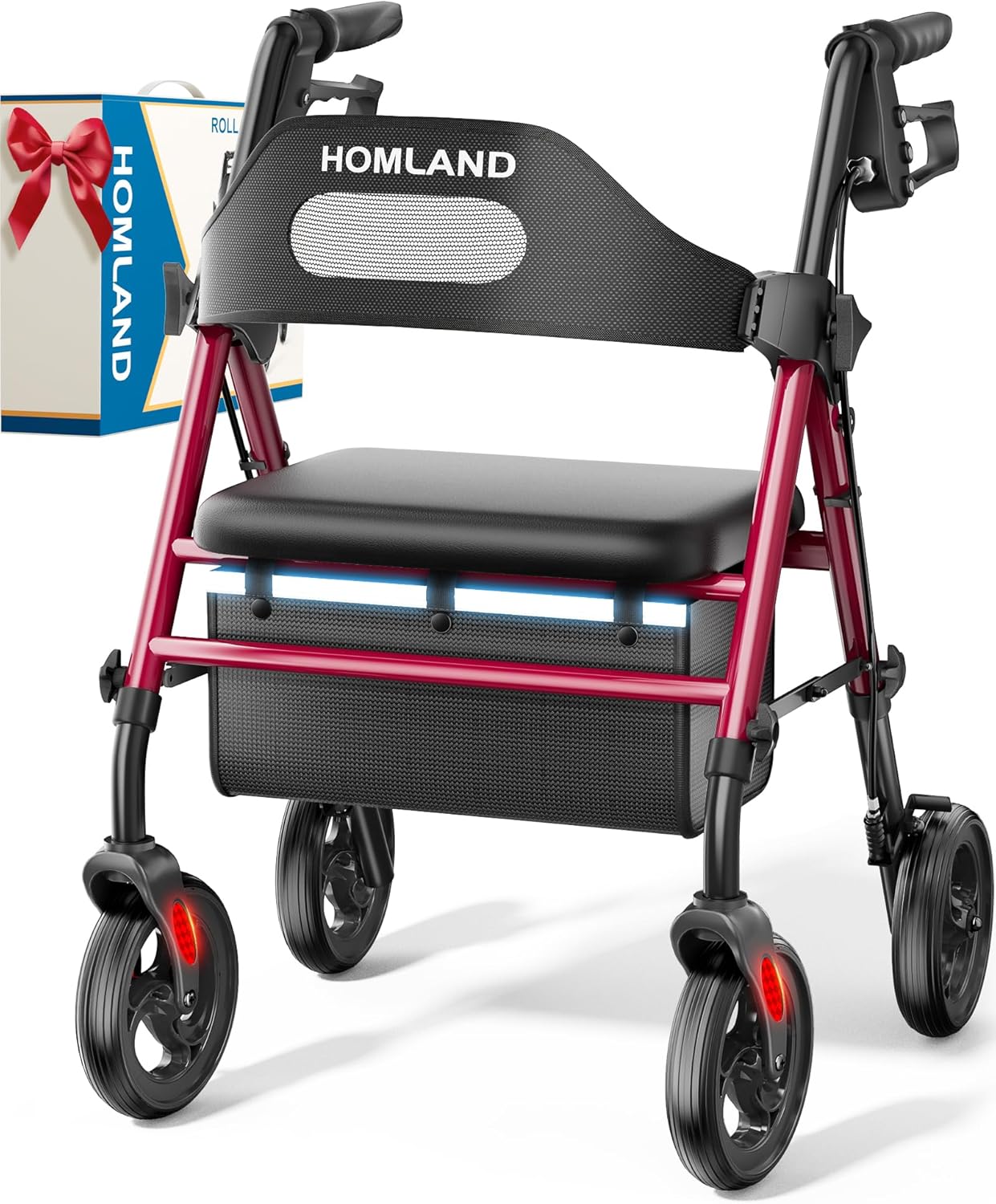 Foldable Rollator Walkers with Seat for Seniors, 8'' Big Wheels, 350 lb. Weight Capacity, Adjustable Handles and Seat Height, Lightweight Rolling Walker, Red