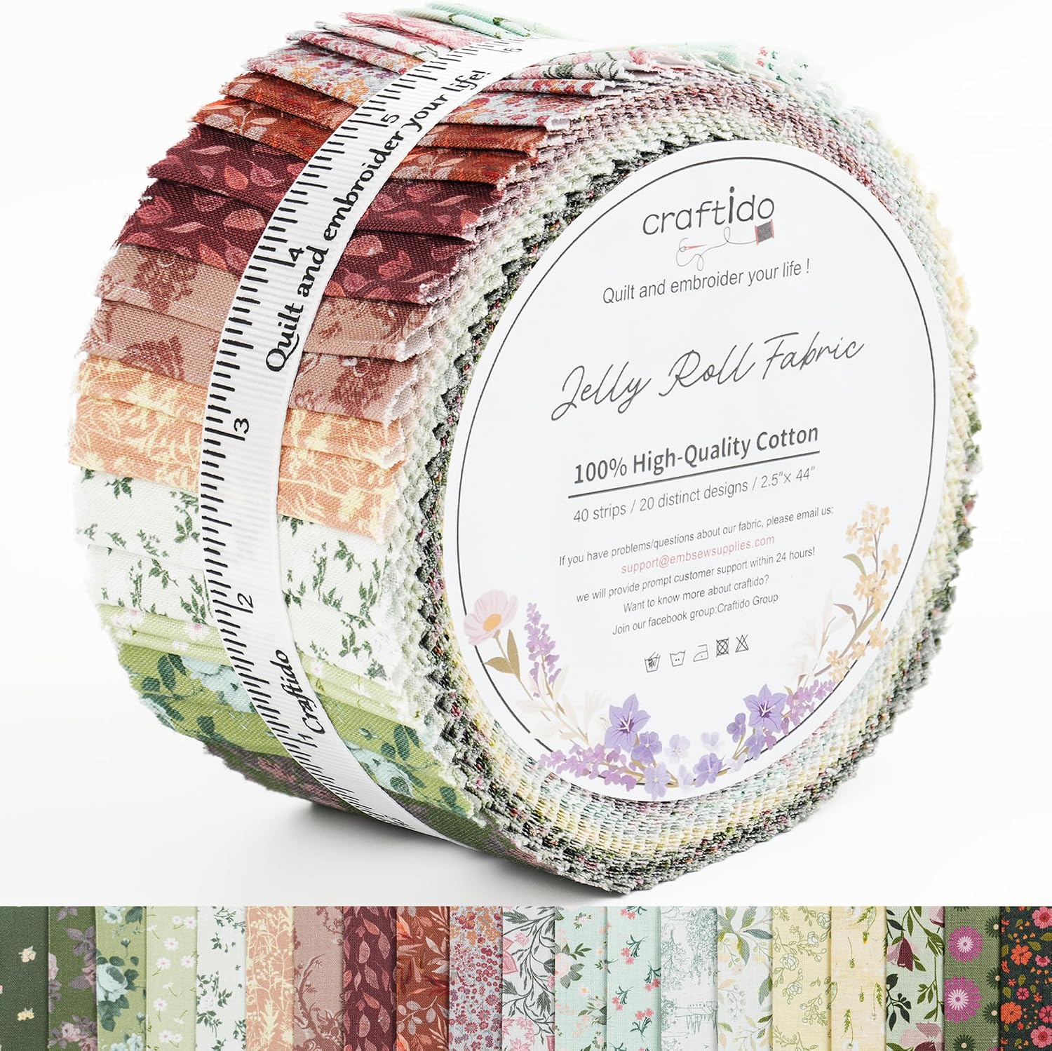 Craftido-20 Options-100% Cotton Jelly Roll Fabric Precut Strips for Quilting, Crafting, and Sewing, 40 Strips 2.5" x 44" Assorted Bundles for Rug, Quilt Project, DIY Craft and Home Decor-Cottage Bloom