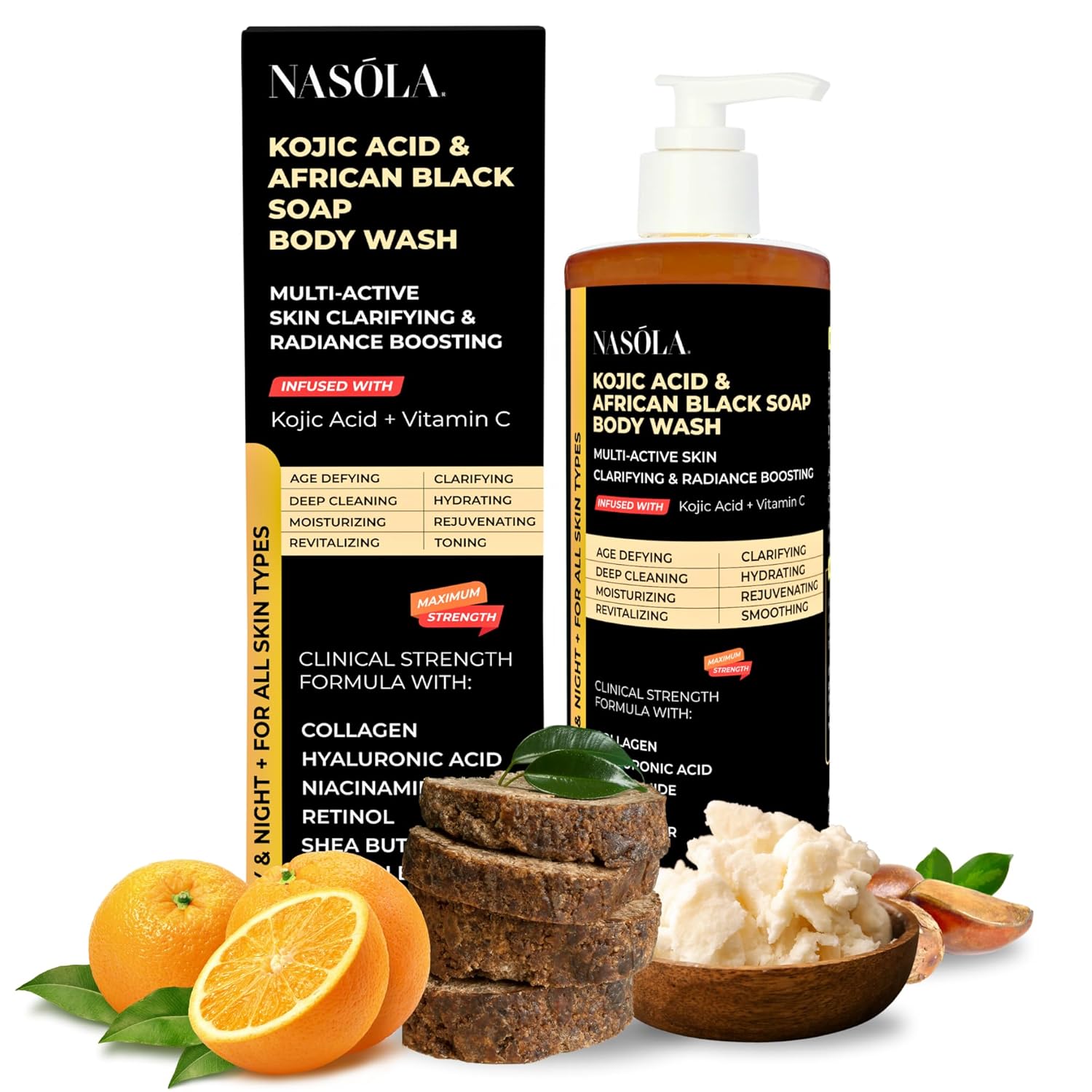 Nasola Kojic Acid African Black Soap Body Wash Authentic with Vitamin C, Shea Butter, Collagen, Niacinamide, Hyaluronic Acid, and Vitamin E - 11.83 Fl Oz