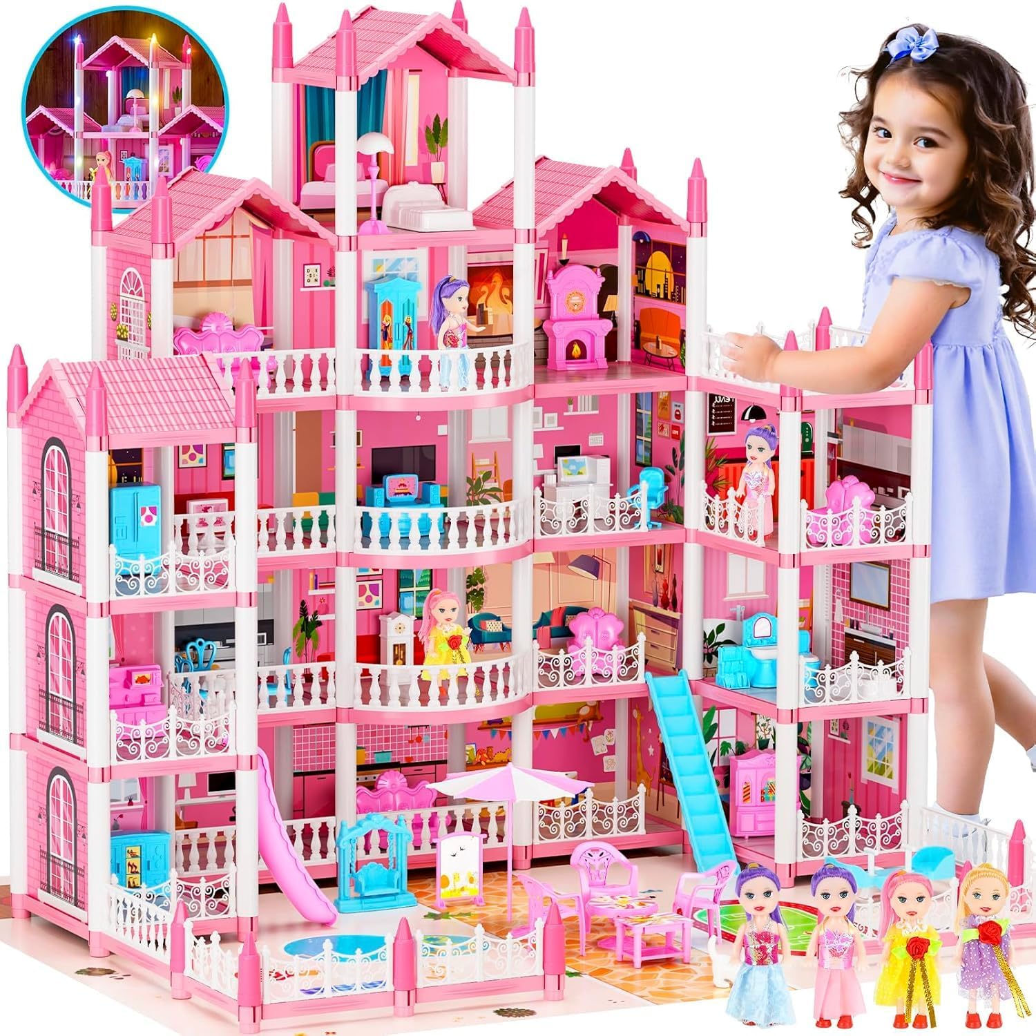 Big Dream Doll House for Girls with 5 Stories 19 Rooms, Dolls, Mat, LED Light, Furnitures, Puppie, Accessories, Toddler Dollhouse Gift for for 6 7 8 9 10 Year Old Girls Toys