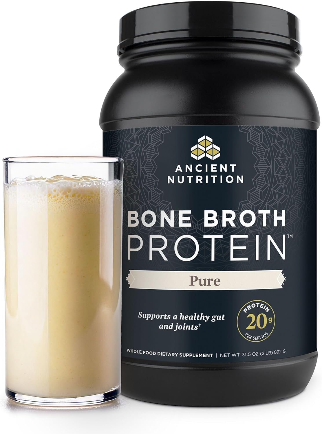 Ancient Nutrition Grass Fed, Cage Free, Bone Broth Protein Powder, 20g Protein, Hydrolyzed Collagen Peptides, Keto & Paleo Friendly, Supports Joint & Gut Health, Pure, 40 Servings