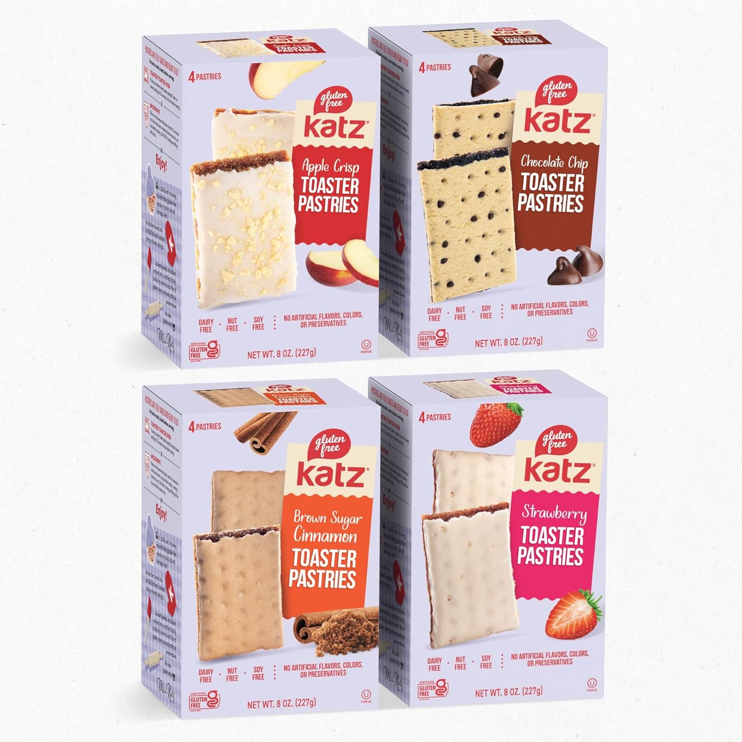 Katz Gluten Free Snacks Toaster Pastries Variety Pack Apple Crisp, Cinnamon, Chocolate Chip & Strawberry. Free of Dairy, Soy, Tree nuts, and peanuts. Kosher 8 OZ. (4pk)