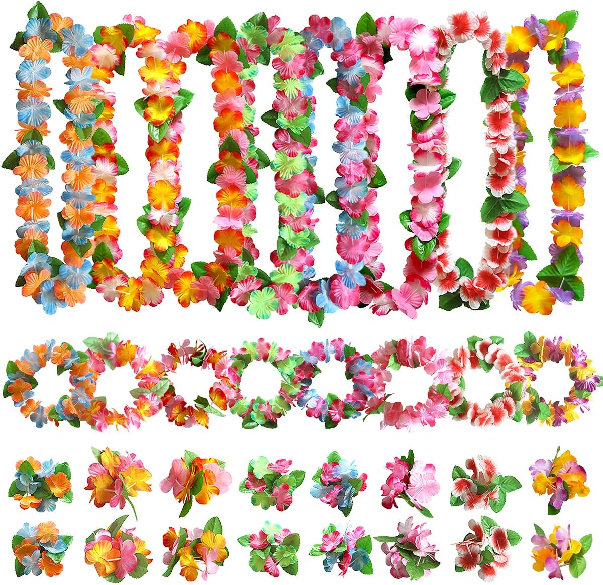Aviski 32 Pieces Leis Decorations Flower Necklace, Bracelet Headband, for Hawaiian Tropical Party Theme Beach Party Hawaiian Night Bar Beach Holiday