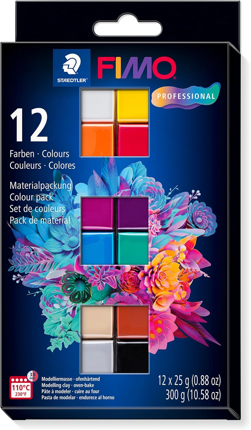 STAEDTLER 8043 C12-1 FIMO Professional Oven-Hardening Polymer Modelling Clay - Assorted Colours (Pack of 12 x 25g Blocks)