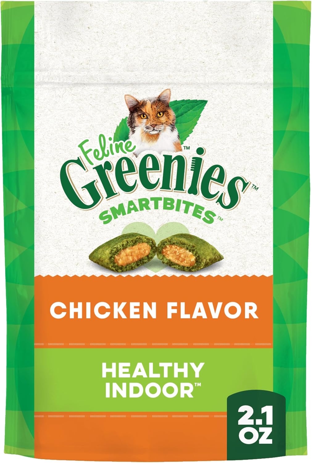 Greenies FELINE SMARTBITES HEALTHY INDOOR Natural Treats for Cats, Chicken Flavor, 2.1 oz. Pouch