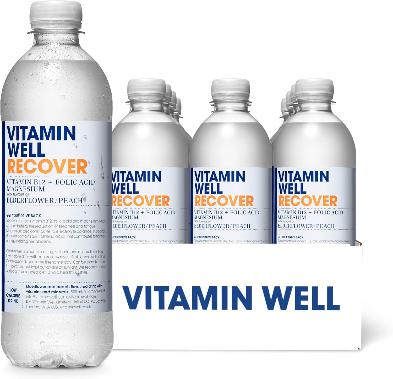 Vitamin Well Elderflower & Peach Flavouredwater– Enriched with Vitamin B12, Folic Acid, Magnesium, Low Calorie, Vitaminwater– 12 x 500ml (RECOVER)