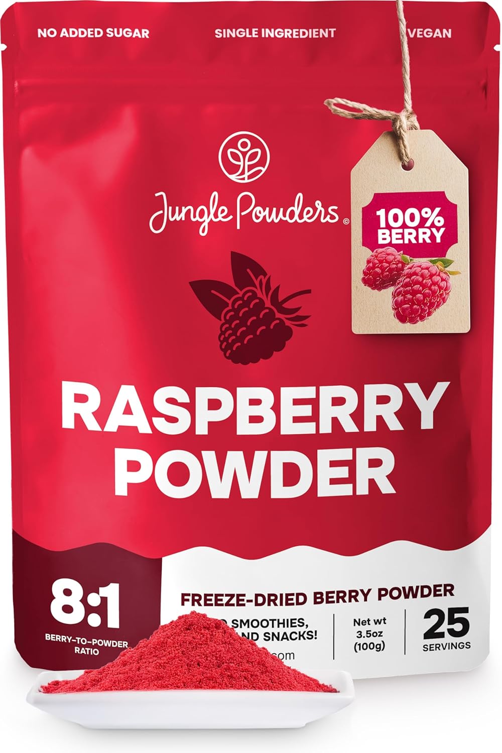 Jungle Powders Raspberry Powder 3.5 Ounce Bag, Food Grade Powdered Unsweetened Freeze Dried Raspberries, Additive, Filler Free Red Superfood Extract for Baking Cooking Flavoring Rasberries Smoothies