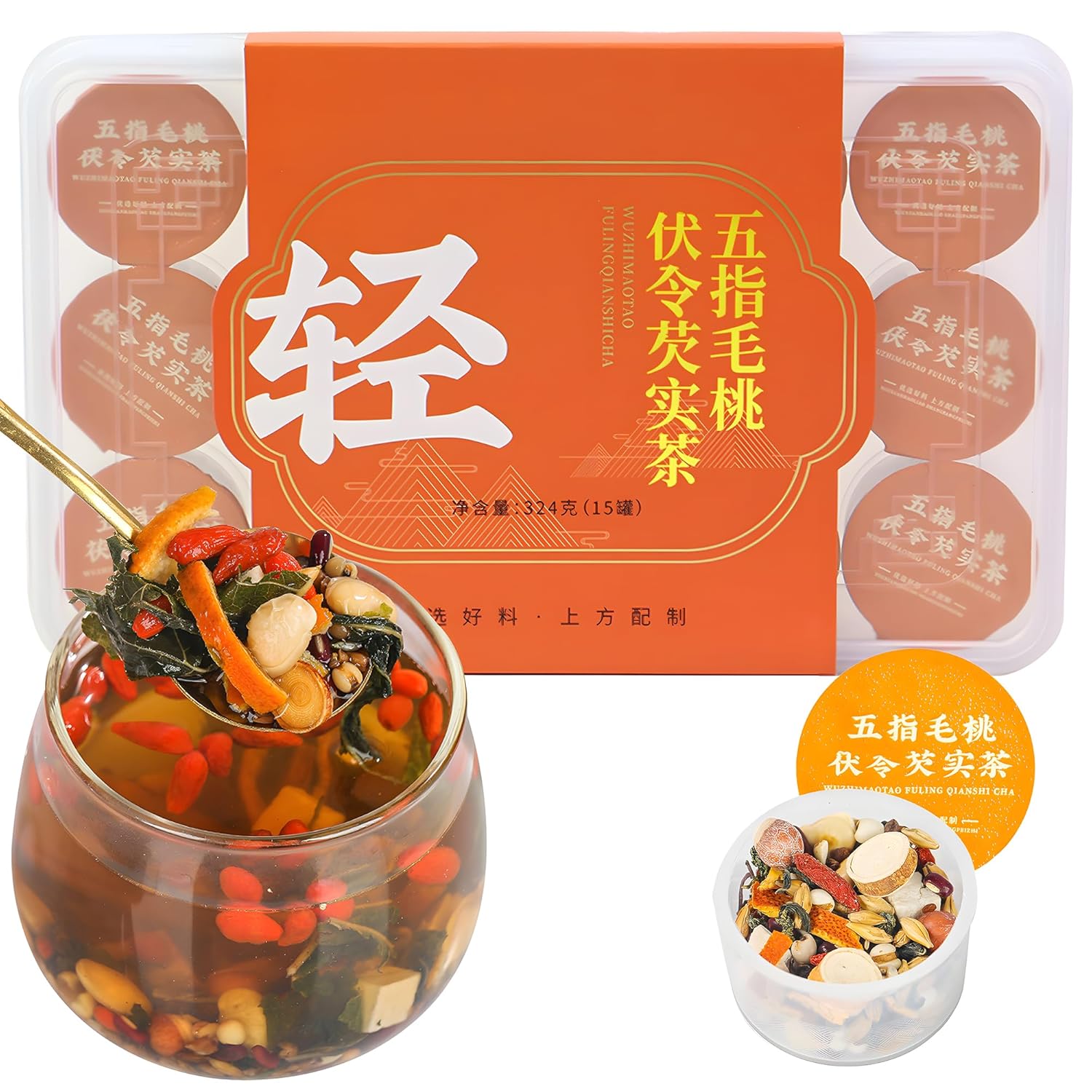 Hee Creek Five Fingers Hairy Peach and Poria Gorgon Tea 324g (15 Jars) Dampness Clearing Tea Wuzhimaotao Red Bean Coix Seed Gorgon 12 Dried Herbs, High-end Health Small Jars 轻脂茶 去湿茶 五指毛桃茯苓芡实 祛湿茶