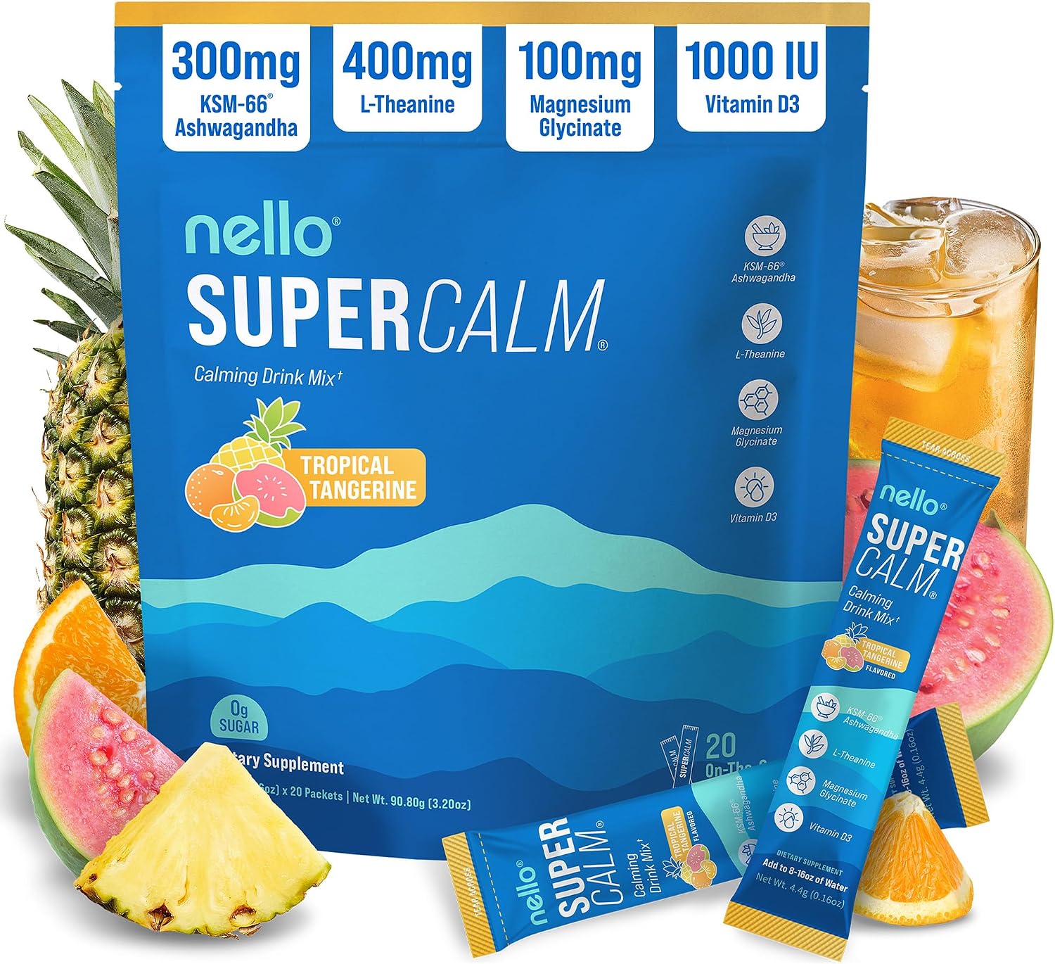 Nello Supercalm Powdered Drink Mix, Cortisol Reducer* and Sleep Aid Supplement, L Theanine, Ksm-66 Ashwagandha, Magnesium Glycinate, Vitamin D 3, No Sugar, Non GMO, 20 Ct, Tropical Tangerine