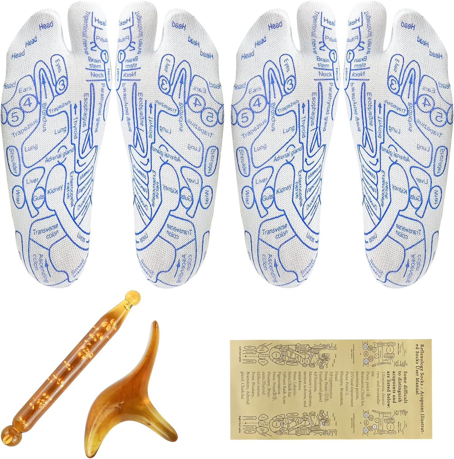 2 Pairs Reflexology Socks with 2 Massage Tools - Foot Acupressure Socks Massage Stick Kit, Reflexology Chart Socks with Trigger Point Massage Tool, Foot Pain Relief Socks Set Gift for Women, 2.5-6 UK